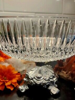 Vintage 1972 GIM Silver Co. Diamond-Cut Glass Compote Bowl